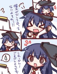 Rule 34 | &gt; &lt;, 1boy, 1girl, :d, ^^^, adjusting clothes, adjusting headwear, admiral (kancolle), akatsuki (kancolle), anchor symbol, arm up, black hat, blush, blush stickers, closed eyes, commentary request, flat cap, flying sweatdrops, food, gloves, hair between eyes, hat, holding, holding food, jacket, kantai collection, komakoma (magicaltale), long sleeves, military jacket, neckerchief, open mouth, purple hair, red neckerchief, remodel (kantai collection), school uniform, serafuku, shirt, sideways hat, smile, spoken sweatdrop, sweatdrop, translation request, v-shaped eyebrows, white gloves, white jacket, white shirt