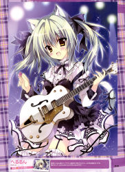 Rule 34 | 1girl, :d, absurdres, animal ears, black thighhighs, breasts, cat ears, cat tail, dress, electric guitar, fang, frilled dress, frills, garter straps, green hair, guitar, hair intakes, herurun, highres, instrument, lolita fashion, open mouth, plectrum, smile, solo, tail, thighhighs, twintails, yellow eyes