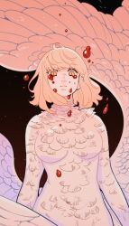 Rule 34 | 1girl, absurdres, bird girl, blonde hair, blood, bloody tears, breasts, crying, dark background, dungeon meshi, falin touden, falin touden (chimera), feathered wings, feathers, highres, medium breasts, medium hair, meyoco, monster girl, pink wings, wings, yellow eyes