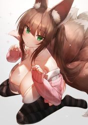 Rule 34 | 1girl, animal ear fluff, animal ears, bare shoulders, black thighhighs, blush, breasts, brown hair, collarbone, commission, from above, gradient background, green eyes, grey background, highres, large breasts, long hair, long sleeves, looking at viewer, multiple tails, nipples, original, plushmallow, shirt, side ponytail, sitting, skeb commission, solo, striped clothes, striped thighhighs, tail, thighhighs, wariza, west 24, white shirt
