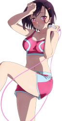Rule 34 | 1girl, arm up, blush, breasts, cleavage, collarbone, exercising, hair behind ear, hair ornament, hairclip, hand on own forehead, highres, holding jump rope, jump rope, komatsu (sakanae), large breasts, leg up, looking to the side, messy hair, mikazuki shizuka, navel, open mouth, pink eyes, pink shorts, pink sports bra, purple hair, short hair, shorts, sidelighting, simple background, solo, sports bra, sportswear, standing, stomach, sweat, white background, zom 100: zombie ni naru made ni shitai 100 no koto