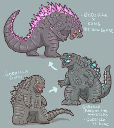 Rule 34 | abs, arrow (symbol), blue eyes, chibi, crossover, elbow blade, elbow spikes, energy, english text, gills, glowing, glowing eyes, glowing gills, glowing mouth, glowing spikes, godzilla, godzilla: king of the monsters, godzilla (2014), godzilla (monsterverse), godzilla (series), godzilla evolved, godzilla vs. kong, godzilla x kong: the new empire, highres, kaijuu, king kong (series), legendary pictures, monster, monsterverse, multiple persona, muscular, muscular male, no humans, no pupils, open mouth, pink eyes, shadow, sharp teeth, simple background, spikes, tail, teeth, toho, tongue, transformation, utchi, yellow eyes