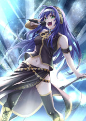 Rule 34 | 1girl, arm strap, backlighting, bare shoulders, black skirt, black thighhighs, black vest, blue nails, boots, cable, cosplay, cross-laced footwear, detached sleeves, feet out of frame, fire emblem, fire emblem: path of radiance, fire emblem: radiant dawn, fire emblem heroes, green eyes, hairband, headphones, holding, holding microphone, index finger raised, knee boots, lace-up boots, long hair, long sleeves, looking at viewer, megurine luka, megurine luka (cosplay), mia (fire emblem), microphone, microphone stand, nail polish, navel, nintendo, open mouth, pelvic curtain, purple hair, single detached sleeve, skirt, solo, stage lights, standing, teeth, ten (tenchan man), thighhighs, upper teeth only, v-shaped eyebrows, very long hair, vest, vocaloid, voice actor connection, white hairband, yellow footwear