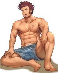 Rule 34 | 1boy, abs, arm on knee, bad anatomy, bara, barefoot, beard, blue eyes, blue male swimwear, blue swim trunks, brown hair, f-una, facial hair, fate/grand order, fate (series), floral print, full body, hand on thigh, hibiscus print, large pectorals, long sideburns, looking at viewer, male focus, male swimwear, muscular, napoleon bonaparte (fate), navel, open mouth, pectorals, print male swimwear, print swim trunks, print swimsuit, scar, sideburns, sitting, smile, solo, swim trunks, swimsuit, thighs, topless male, white background