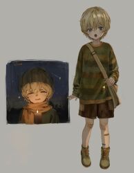 Rule 34 | 1boy, absurdres, bag, bag charm, bandaid, bandaid on knee, bandaid on leg, blonde hair, blush, brown footwear, brown shorts, candle, candlelight, charm (object), child, closed eyes, facing viewer, full body, green eyes, green sweater, grey background, hair between eyes, highres, holding, holding candle, long sleeves, looking at viewer, male focus, multiple views, namuta, night, open mouth, orange scarf, original, outdoors, parted lips, scarf, shoes, shooting star, short hair, shorts, shoulder bag, simple background, sleeves past wrists, smile, standing, star (sky), straight-on, striped clothes, striped sweater, sweater