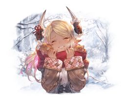 Rule 34 | 1girl, alpha transparency, bare tree, blonde hair, blush, breasts, brown coat, closed eyes, coat, dark-skinned female, dark skin, day, draph, fur trim, granblue fantasy, horn ornament, horns, kumbhira (granblue fantasy), large breasts, lips, long hair, long sleeves, minaba hideo, official art, outdoors, parted bangs, piglet, pointy ears, red scarf, ribbed sweater, scarf, smile, snow, solo, sweater, transparent background, tree, upper body, white sleeves