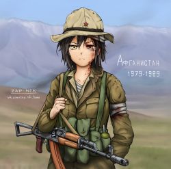 Rule 34 | 1girl, absurdres, afghanistan, ak-74, aks-74, ammunition pouch, artist name, assault rifle, bandaged arm, bandaged head, bandages, black hair, blood, brown hat, closed mouth, collarbone, collared jacket, explosive, facing viewer, frown, grenade, gun, gun sling, hair between eyes, hammer and sickle, hand in pocket, hat, highres, holding strap, injury, jacket, kalashnikov rifle, long sleeves, looking at viewer, military, military jacket, military uniform, original, pocket, pouch, red star, rifle, russian text, shirt, short hair, simple background, soldier, solo, soviet, standing, star (symbol), strap, striped clothes, striped shirt, telnyashka, translated, uniform, upper body, war, weapon, yellow eyes, zap-nik