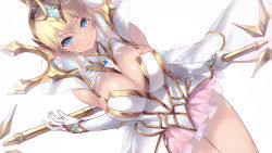 Rule 34 | 1girl, blonde hair, blue eyes, breasts, cait aron, cleavage, cowboy shot, dress, elbow gloves, elementalist lux, gem, glint, gloves, hair between eyes, highres, holding, holding weapon, large breasts, league of legends, looking at viewer, lux (league of legends), paid reward available, short hair, sidelocks, simple background, skirt, sleeveless, smile, solo, staff, weapon, white background, white dress, white gloves