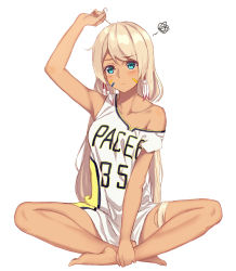 Rule 34 | 1girl, absurdres, ahoge, arm up, armpits, bare arms, bare legs, barefoot, basketball uniform, blonde hair, blue eyes, blush, bottomless, breasts, clothes writing, collarbone, dark-skinned female, dark skin, earrings, eyebrows, facepaint, feather earrings, feathers, frown, full body, hand on ankle, highres, indian style, indiana pacers, indianapolis (warship girls r), jewelry, looking at viewer, low twintails, medium breasts, national basketball association, native american, no pants, off shoulder, parted bangs, pun, simple background, sitting, solo, sportswear, squiggle, twintails, warship girls r, white background, zi se