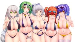 Rule 34 | 5girls, :d, :q, absurdres, anchor necklace, aquila (azur lane), aquila (a sip of sardegnian elegance) (azur lane), asamura hiori, aviator sunglasses, azur lane, bare shoulders, between breasts, bikini, black bikini, blue sky, blush, bow, braid, breasts, choker, cleavage, closed mouth, collarbone, commentary request, cowboy shot, eyewear on head, facial hair, goggles, goggles on head, green eyes, green hair, grey-framed eyewear, grey eyes, grin, groin, group picture, hair between eyes, hair bow, hair ornament, hand up, highleg, highleg bikini, highres, huge filesize, jewelry, large breasts, littorio (azur lane), littorio (the glory of naples) (azur lane), long hair, looking at viewer, low-tied long hair, multicolored hair, multiple girls, multiple straps, navel, necklace, neckwear between breasts, o-ring, o-ring bikini, official alternate costume, open mouth, pola (azur lane), pola (seaside coincidence) (azur lane), purple bikini, purple bow, purple hair, red eyes, red hair, side-by-side, side-tie bikini bottom, side ponytail, sidelocks, silver hair, single braid, skindentation, sky, smile, standing, stomach, streaked hair, sunglasses, swimsuit, teeth, thigh strap, thighhighs, tongue, tongue out, transparent background, twintails, very long hair, vittorio veneto (azur lane), vittorio veneto (the flower of la spezia) (azur lane), wet legwear, white choker, white legwear, yellow bikini, zara (azur lane), zara (poolside coincidence) (azur lane)