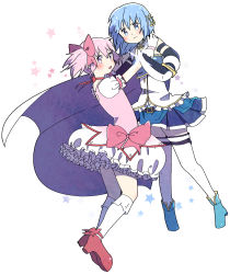 Rule 34 | 2girls, :o, ankle ribbon, bad id, bad pixiv id, bare shoulders, belt, blue eyes, blue footwear, blue hair, blue skirt, blush, boots, bubble skirt, cape, choker, detached sleeves, dot nose, expressionless, fighting stance, flat chest, floating hair, fortissimo, frilled legwear, frilled skirt, frills, frown, full body, gloves, hair between eyes, hair ornament, hair ribbon, hand on another&#039;s back, hands on another&#039;s neck, highres, holding, holding sword, holding weapon, kaname madoka, kirikuchi riku, leg ribbon, looking at viewer, mahou shoujo madoka magica, mahou shoujo madoka magica (anime), miki sayaka, multiple girls, musical note, musical note hair ornament, parted lips, pink eyes, pink hair, pink ribbon, pleated skirt, puffy short sleeves, puffy sleeves, red choker, red footwear, ribbon, serious, short hair, short sleeves, short twintails, simple background, skirt, socks, star (symbol), starry background, strapless, sword, thighhighs, twintails, v-shaped eyebrows, weapon, white background, white cape, white gloves, white legwear, white skirt, zettai ryouiki