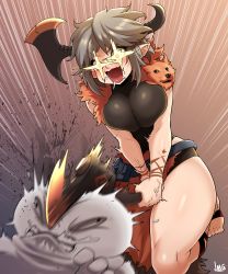 Rule 34 | 1boy, 1girl, absurdres, arm tattoo, axe, axehorn (ssambatea), bad id, bad pixiv id, black eyes, blush, borrowed character, crack, drooling, emphasis lines, grey hair, highres, holding, holding axe, holding weapon, horns, impossible clothes, jmg, medium hair, meme, open mouth, original, pointy ears, pouch, saliva, signature, speed lines, tattoo, teeth, toenails, veins, weapon, yellow eyes