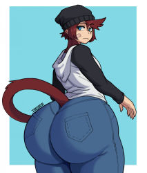 Rule 34 | 1boy, androgynous, ass, bandage on face, bandages, beanie, blue eyes, bunybunyboi, denim, from behind, hat, highres, hood, hoodie, huge ass, jeans, looking at viewer, looking back, monkey girl, monkey tail, original, pants, red hair, short hair, solo, tail