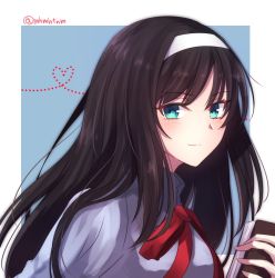 Rule 34 | 1girl, absurdres, black hair, blouse, blue eyes, blue sailor collar, blush, book, closed mouth, commentary request, hairband, heart, highres, holding, holding book, long hair, long sleeves, looking at viewer, neck ribbon, red ribbon, ribbon, sailor collar, shirt, smile, solo, tanaji, tohno akiha, tsukihime, twitter username