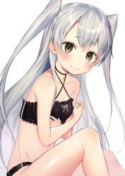 Rule 34 | 10s, 1girl, amatsukaze (kancolle), asagi yuna, bare arms, bare legs, bare shoulders, black bra, black panties, blush, bra, closed mouth, criss-cross halter, halterneck, highres, kantai collection, long hair, looking at viewer, navel, panties, parted bangs, shiny skin, silver hair, simple background, sitting, solo, two side up, underwear, underwear only, very long hair, white background, yellow eyes