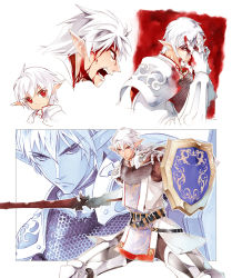 Rule 34 | 00s, 1boy, armor, blood, blood on face, buront, child, elf, elvaan, final fantasy, final fantasy xi, gauntlets, hand over face, male focus, pointy ears, red eyes, shield, silver hair, sumi keiichi, sword, weapon, aged down