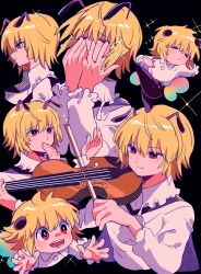 Rule 34 | 1boy, antennae, black background, blonde hair, chibi, chimera ant, closed eyes, collage, crying, highres, holding, holding instrument, holding violin, hunter x hunter, insect wings, instrument, long sleeves, profile, red eyes, sanamaru (sana79261827), shaiapouf, shirt, short hair, simple background, smile, solo, sparkle, teardrop, upper body, violin, white shirt, wings