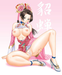 Rule 34 | 1girl, black hair, breasts, brown hair, china dress, chinese clothes, clothes lift, detached sleeves, diao chan, dress, female pubic hair, flower, green eyes, hair flower, hair ornament, high heels, large breasts, long hair, momoya show-neko, nipples, open clothes, open shirt, panties, pubic hair, pussy, see-through, shin sangoku musou, shirt, shirt lift, shoes, smile, solo, spread legs, thong, twintails, uncensored, underwear, white panties