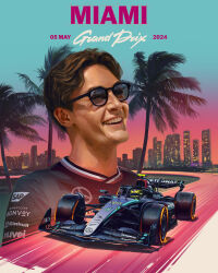 Rule 34 | absurdres, andrew mytro, black shirt, brown hair, car, commentary, english commentary, florida (location), formula one, formula racer, george russell, helmet, highres, lewis hamilton, male focus, mercedes-amg f1 w14, miami, motion blur, motor vehicle, official art, open mouth, palm tree, race vehicle, racecar, real life, shadow, shirt, skyline, smile, spoiler (automobile), tree, vehicle focus, yellow helmet