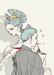 Rule 34 | 1boy, 1girl, aqua hair, closed mouth, green hair, hair ornament, hair stick, highres, holding, japanese clothes, kimono, kouzuki hiyori, lipstick, makeup, mouth hold, musical note, one piece, roronoa zoro, short hair, simple background, sskw mm, toothpick, topknot, traditional clothes