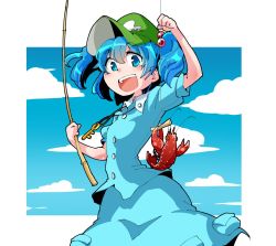 Rule 34 | 1girl, blue background, blue eyes, blue hair, blue shirt, blue skirt, cloud, commentary request, cowboy shot, crayfish, fishing rod, green headwear, hair bobbles, hair ornament, hand up, holding, holding fishing rod, kawashiro nitori, key, looking at viewer, open mouth, shinapuu, shirt, short hair, short sleeves, skirt, smile, solo, touhou, two side up
