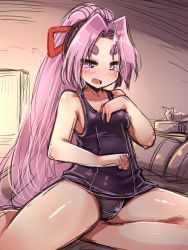 Rule 34 | 10s, 1girl, alternate costume, amagaeru (hylathewet), bare shoulders, blush, eyebrows, hair ribbon, hatsuharu (kancolle), highres, kantai collection, long hair, looking at viewer, one-piece swimsuit, ponytail, purple eyes, purple hair, ribbon, short eyebrows, sitting, smile, solo, swimsuit, tissue, tissue box, very long hair