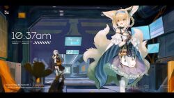 Rule 34 | 2girls, 3syo, absurdres, animal ear fluff, animal ears, arknights, bare shoulders, black coat, black collar, black footwear, black gloves, black shorts, blonde hair, blue hairband, braid, clothing cutout, coat, collar, commentary request, cup, dress, earpiece, fox ears, fox girl, fox tail, frilled dress, frills, gloves, grey hair, hair between eyes, hairband, highres, holding, holding cup, indoors, infection monitor (arknights), kitsune, kyuubi, lappland (arknights), letterboxed, material growth, multicolored hair, multiple girls, multiple tails, open mouth, oripathy lesion (arknights), pantyhose, partial commentary, purple dress, rhodes island logo (arknights), short hair, shorts, shoulder cutout, suzuran (arknights), tail, tank top, two-tone hair, white hair, white pantyhose, white tank top, wolf ears, wolf girl, wolf tail, yellow eyes