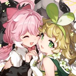 Rule 34 | 2girls, :d, absurdres, ahoge, anke (wuthering waves), bison cangshu, blonde hair, bow, closed eyes, fingerless gloves, gloves, green eyes, highres, holding hands, looking at viewer, multiple girls, open mouth, pink bow, pink hair, smile, upper body, verina (wuthering waves), white gloves, wuthering waves