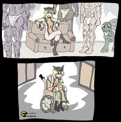 Rule 34 | 1girl, 2koma, 4boys, before and after, blonde hair, chinese clothes, comic, genji, green headwear, hat, highres, implied bestiality, implied sex, matara okina, multiple boys, smile, touhou, turtle, tuteheavy, unzan, wheelchair