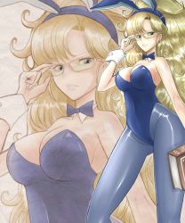 Rule 34 | 1girl, adjusting eyewear, animal ears, bare shoulders, blonde hair, blue eyes, blue hairband, blue leotard, blue pantyhose, book, breasts, bunny day, cleavage, commentary request, detached collar, dragon quest, dragon quest iii, fake animal ears, frown, glasses, hairband, highres, holding, holding book, jester (dq3), large breasts, legs, leotard, long hair, looking at viewer, mariebell, pantyhose, playboy bunny, rabbit ears, solo, strapless, strapless leotard, very long hair, wrist cuffs, zoom layer