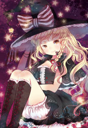 Rule 34 | 1girl, alternate costume, black hat, blonde hair, bloomers, boots, bow, braid, capelet, cross-laced footwear, domotolain, female focus, hand on headwear, hat, kirisame marisa, lace-up boots, long hair, ribbon, single braid, sitting, smile, solo, star (symbol), touhou, underwear, very long hair, white bloomers, witch, witch hat, yellow eyes