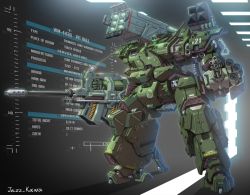 Rule 34 | glowing, gun, highres, holding, holding gun, holding weapon, holographic interface, jazz kawa sodom, mecha, missile pod, no humans, original, robot, science fiction, solo, standing, visor, weapon