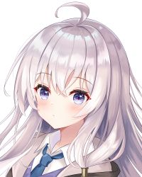 Rule 34 | 1girl, ahoge, blue eyes, blue necktie, closed mouth, collared shirt, elaina (majo no tabitabi), exusiai dust, highres, long hair, looking at viewer, majo no tabitabi, necktie, shirt, silver hair, simple background, solo, upper body, white background