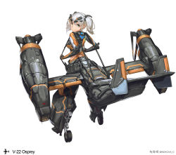 Rule 34 | 1girl, aircraft, artist name, bodysuit, from behind, full body, green eyes, headgear, highres, looking at viewer, looking back, mecha musume, original, simple background, solo, standing, suspenders, tiltrotor, twintails, twitter username, urorong, v-22 osprey, white background, white hair