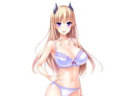 Rule 34 | 1girl, bare arms, bare legs, bare shoulders, blonde hair, blush, bra, breasts, cleavage, cowboy shot, demon girl, earrings, eyebrows, female focus, game cg, hand on own hip, horns, jewelry, large breasts, long hair, looking at viewer, mashouki tiruana haramase saimin, navel, panties, parted lips, purple eyes, saxasa, shiny skin, simple background, smile, solo, standing, tiruana maglav, underwear, upper body, white background