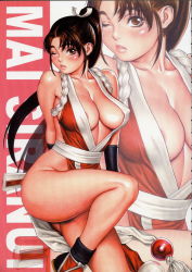 Rule 34 | 1girl, abs, areola slip, blush, breasts, brown eyes, brown hair, cleavage, covered erect nipples, fatal fury, highres, large breasts, lips, long hair, long legs, one eye closed, pelvic curtain, ponytail, shiranui mai, snk, solo, tabi, the king of fighters, tsukasa jun, wink