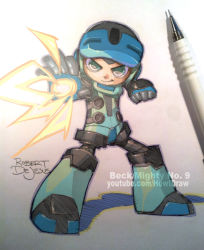 Rule 34 | 1boy, arm cannon, art tools in frame, artist name, beck (mighty no. 9), green eyes, helmet, male focus, mechanical pencil, mighty no. 9, pencil, photo (medium), robert de jesus, robot, smile, solo, traditional media, weapon