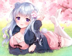 Rule 34 | 1girl, animal ears, arm up, bear ears, bear girl, bear tail, black jacket, blurry, blurry background, branch, breasts, cleavage, collarbone, commentary request, depth of field, dress, flower, grass, grey hair, hair flower, hair ornament, highres, irori, jacket, legs up, long hair, looking at viewer, lying, medium breasts, no shoes, on grass, on stomach, open clothes, open jacket, original, pink dress, pink flower, purple eyes, sleeves past wrists, soles, solo, tail, thighhighs, white thighhighs
