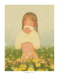 Rule 34 | 1girl, absurdres, bomhat, bottomless, breasts, brown hair, commentary, covered mouth, cropped sweater, dandelion, english text, closed eyes, flower, highres, long hair, long sleeves, meadow, original, outdoors, own hands together, sitting, solo, sweater, turtleneck, turtleneck sweater, underboob, yellow sweater