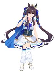 Rule 34 | 1girl, :3, anchor necklace, animal ears, armpits, belt, blue bow, blue bowtie, blue capelet, blue ribbon, bow, bowtie, brown belt, brown hair, capelet, covered navel, ear covers, from side, full body, hair between eyes, hair ribbon, highres, horse ears, horse girl, jewelry, long hair, looking at viewer, loose socks, multicolored hair, necklace, purple eyes, ribbon, sailor collar, sailor shirt, shimizu motosuke, shirt, sidelocks, simple background, single ear cover, skirt, sleeveless, sleeveless shirt, socks, solo, streaked hair, twintails, umamusume, vivlos (umamusume), white background, white hair, white shirt, white skirt, white socks