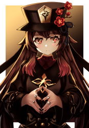 Rule 34 | 1girl, absurdres, black headwear, black nails, blush, brown hair, flower, genshin impact, half-closed eyes, hat, highres, hu tao (genshin impact), jewelry, kkr3551, long hair, long sleeves, looking to the side, low twintails, multicolored hair, nail polish, red eyes, red hair, ring, symbol-shaped pupils, top hat, twintails, two-tone hair, very long hair