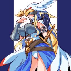 Rule 34 | 1girl, bird, border, breasts, commentary request, covered eyes, cowboy shot, digimon, digimon (creature), feathers, genderswap, genderswap (mtf), gerusyu, head wings, large breasts, leotard, smile, solo, sword, valkyrimon, weapon, white border, white feathers, white leotard, wings