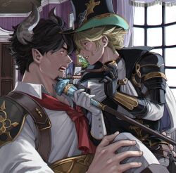 Rule 34 | 2boys, armor, ascot, bara, barawa, black hair, black jacket, blonde hair, cape, chat noir (granblue fantasy), draph, facial hair, gloves, goatee, granblue fantasy, hat, hellocockatoo, holding, holding smoking pipe, holding staff, holding weapon, horns, jacket, large pectorals, looking at another, male focus, mature male, monocle, multiple boys, muscular, muscular male, pants, pectorals, pointy ears, red ascot, shirt, short hair, shoulder armor, shoulder pads, smoking pipe, staff, top hat, weapon, white ascot, white cape, white gloves, white pants, white shirt, yaoi