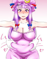 Rule 34 | 1girl, anger vein, angry, armpits, belly grab, blue ribbon, blunt bangs, blush, bow, breasts, cleavage, clenched teeth, collarbone, crescent, disembodied limb, embarrassed, gradient background, groping, hat, highres, large breasts, lips, long hair, mob cap, navel, nightgown, outstretched arms, patchouli knowledge, plump, purple eyes, purple hair, red ribbon, ribbon, shiraue yuu, sidelocks, sweat, teeth, touhou
