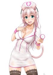 Rule 34 | 1girl, animal ears, blush, breasts, cat ears, cat tail, cleavage, ganari ryuu, green eyes, hat, headphones, headset, highres, lace, lace-trimmed legwear, lace trim, large breasts, long hair, looking at viewer, nurse, nurse cap, open mouth, original, pink hair, smile, solo, stethoscope, super tama musume, tail, tamatoys, thighhighs