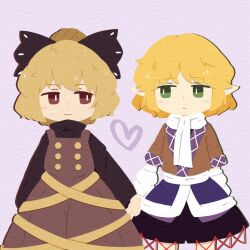 Rule 34 | 2girls, arm warmers, black bow, black shirt, blonde hair, bow, bright pupils, brown dress, brown eyes, brown shirt, buttons, chibeany, closed mouth, commentary request, cowboy shot, dress, green eyes, hair bow, hair bun, heart, holding hands, kurodani yamame, long sleeves, looking at another, looking to the side, mizuhashi parsee, multiple girls, pinafore dress, pink background, pointy ears, ribbon, scarf, shirt, short hair, short sleeves, simple background, sleeveless dress, smile, touhou, turtleneck, white pupils, white scarf, yellow ribbon, yuri