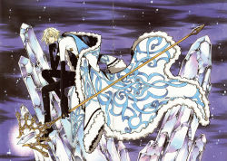 Rule 34 | 1boy, absurdres, black gloves, blonde hair, blue eyes, clamp, coat, fai d. flowright, gloves, head on hand, highres, ice, long coat, looking at viewer, male focus, outdoors, solo, staff, tsubasa chronicle
