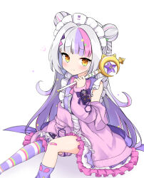 1girl asymmetrical_legwear bandaid bandaid_on_knee bandaid_on_leg blush closed_mouth diamond_hair_ornament double_bun dress frilled_dress frills grey_hair hair_bun highres holding holding_wand hololive long_hair maid_headdress multicolored_hair murasaki_shion murasaki_shion_(magical_girl_maid) official_alternate_costume pink_dress pink_hair purple_hair smile solo streaked_hair very_long_hair virtual_youtuber wand white_headdress wqooon yellow_eyes