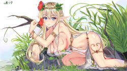 Rule 34 | 1girl, anklet, arched back, armlet, bad id, bad pixiv id, bangle, bare shoulders, bent over, blonde hair, blue eyes, bracelet, braid, breasts, cleavage, commentary request, day, elf, fingernails, flower, from side, full body, gem, hair between eyes, hair flower, hair ornament, hanging breasts, highres, holding, holding flower, jewelry, kneeling, large breasts, legs apart, long fingernails, long hair, looking at viewer, md5 mismatch, muka tsuku, navel, neck ring, nipple slip, nipples, no bra, no panties, original, outdoors, parted lips, pelvic curtain, plant, pointy ears, red flower, red gemstone, resolution mismatch, revealing clothes, ring, sidelocks, signature, solo, thighs, very long hair