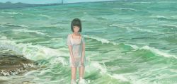 Rule 34 | 1girl, absurdres, bad id, bad pixiv id, beach, black hair, blue eyes, blush, highres, lighthouse, medium hair, ocean, original, partially submerged, reido (reido c), see-through, solo, standing, swimsuit, wading, water, waves, wet, wet clothes